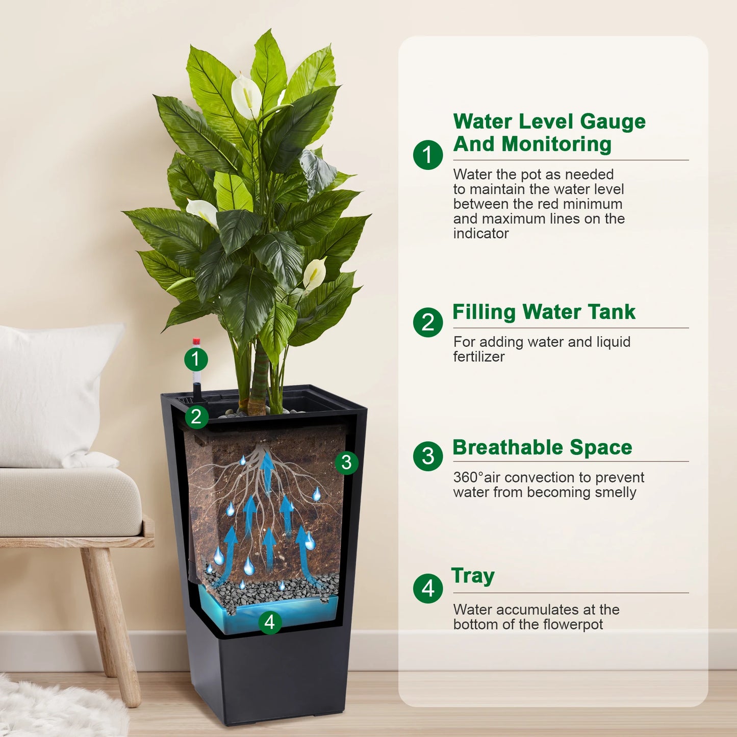 Two Piece Indoor Outdoor Planter Pots With Drainage Auto Watering