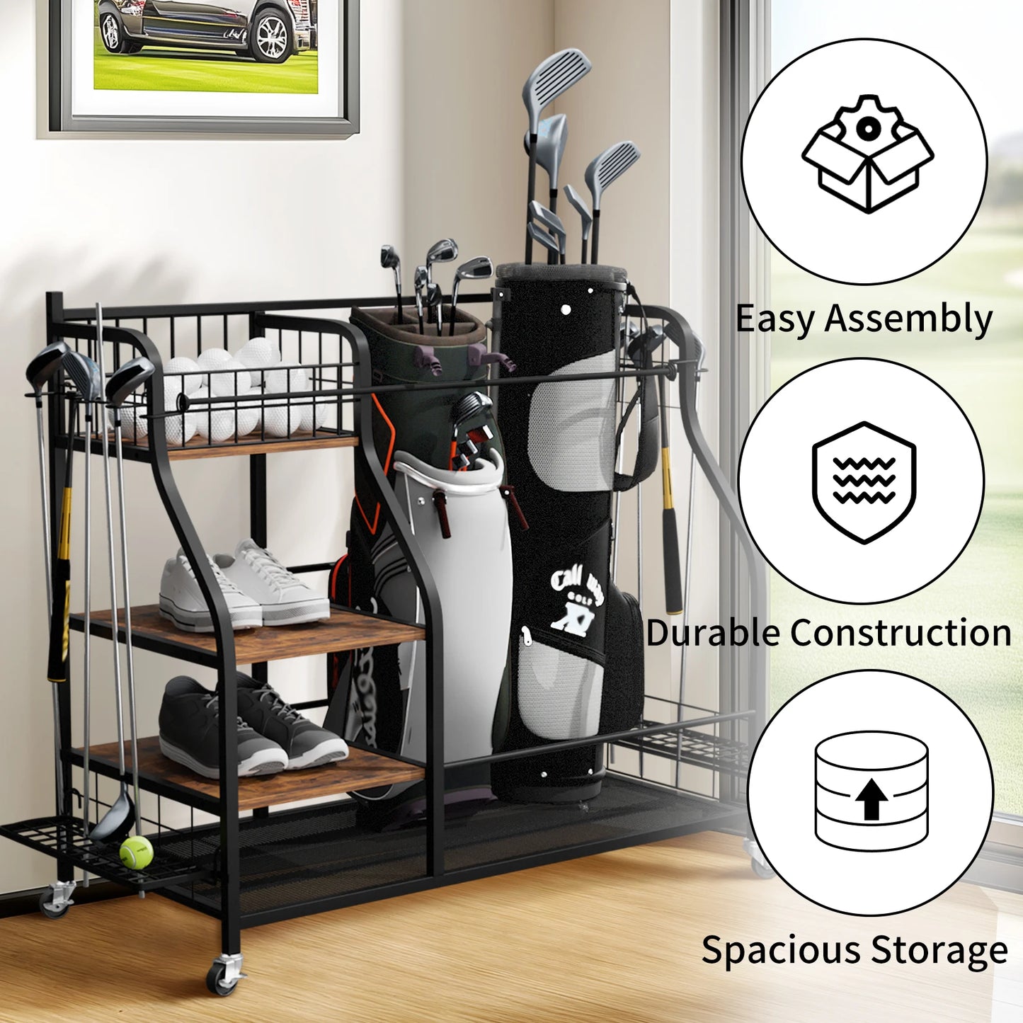 Metal Rolling Golf Bags Storage Rack With Wheels Organizer