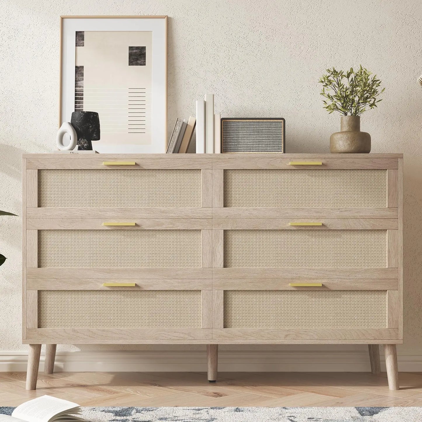 HiMISS Mid Century Modern 6 Drawer Dresser With Gold Handles
