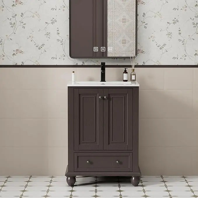 Retro Oak Bathroom Vanity Sink Combo With Gourd Legs