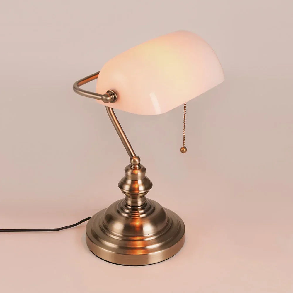 Newrays Desk Lamp Glass Banker Style Table Light Zipper Switch