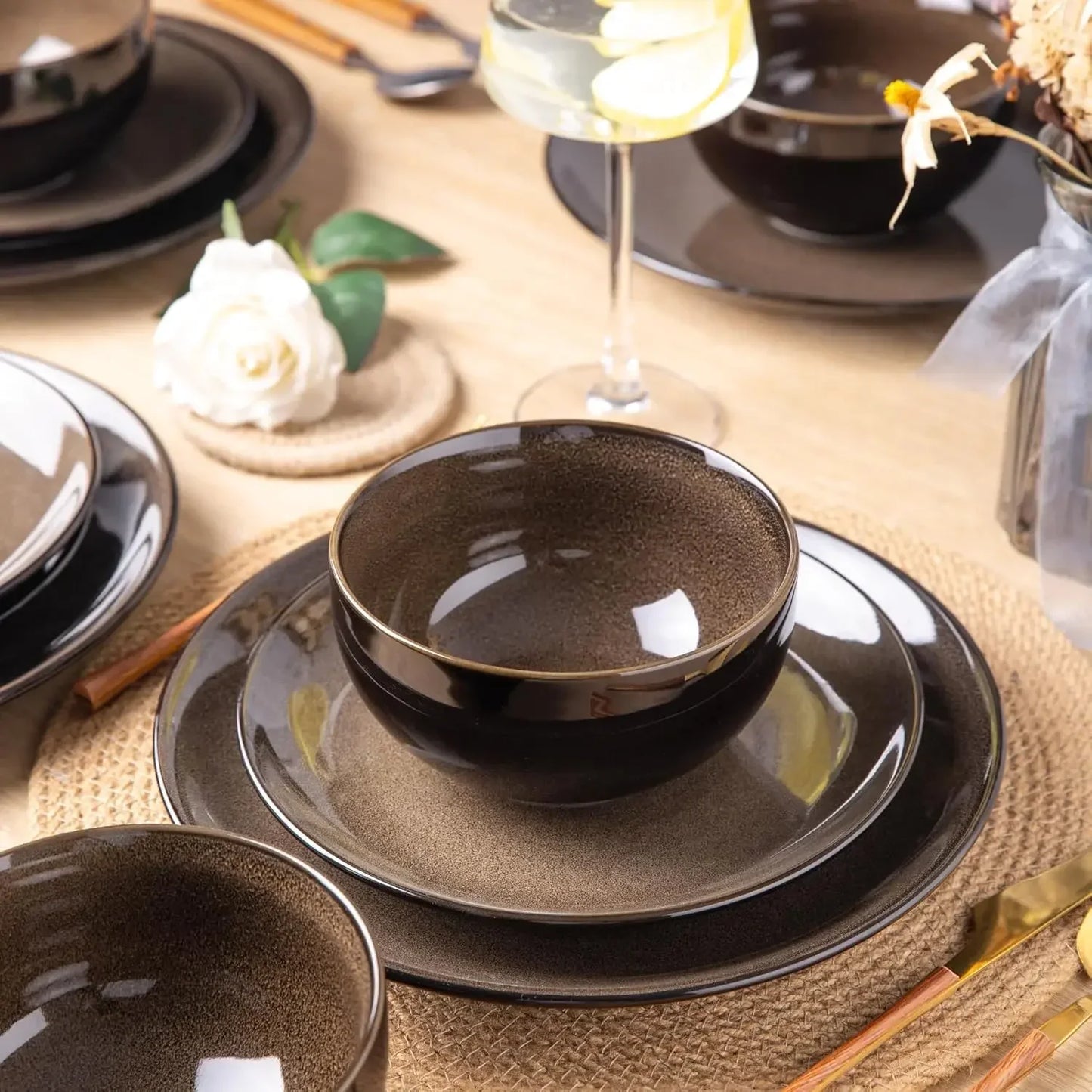 Ceramic Dinnerware Set For Eight With Stoneware Plates And Bowls