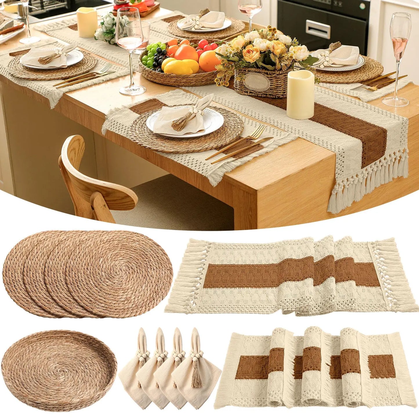Boho Placemats Set With Napkins And Wood Bead Rings