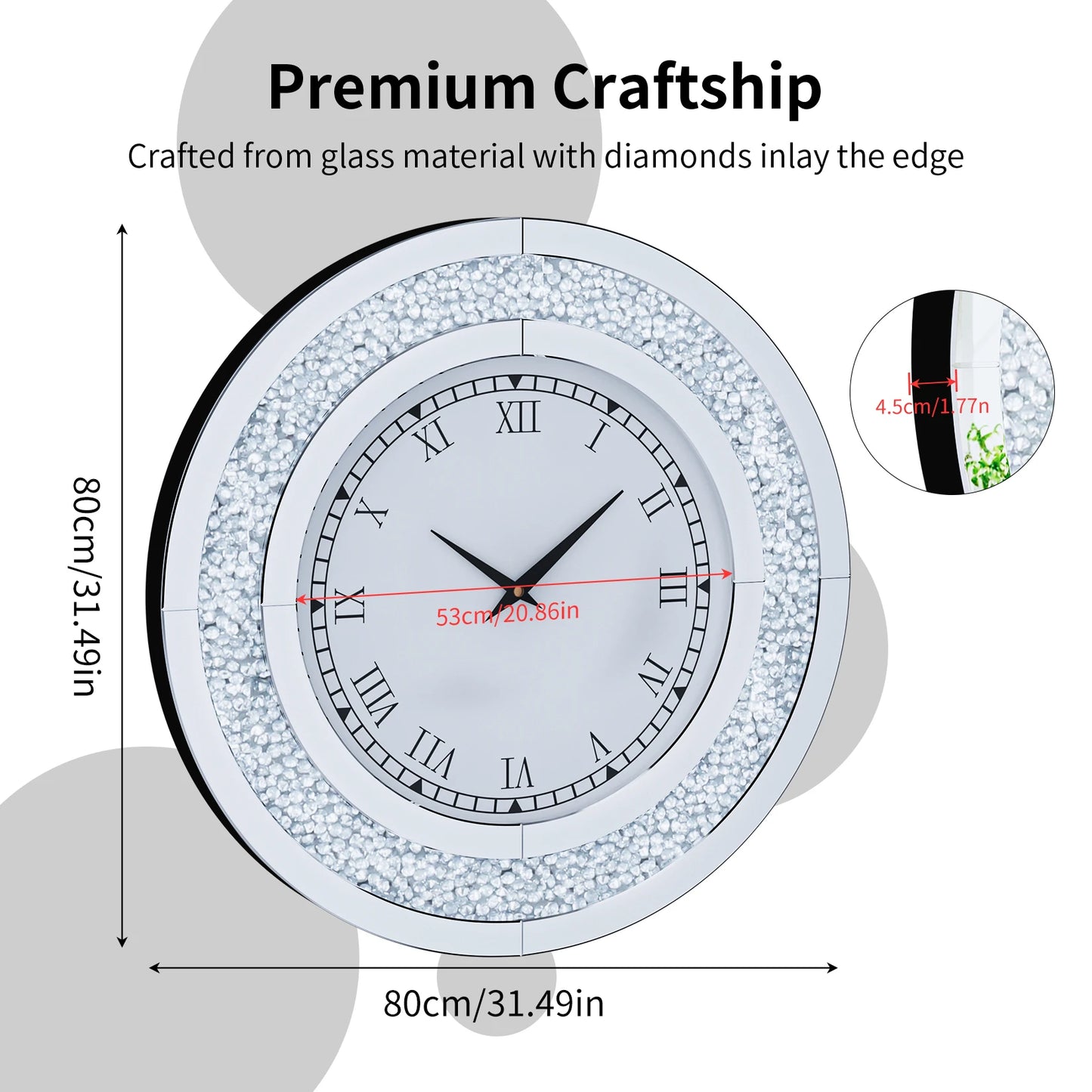 Round Mirror Clock With Crystal Sparkle Mirrored Wall Decoration