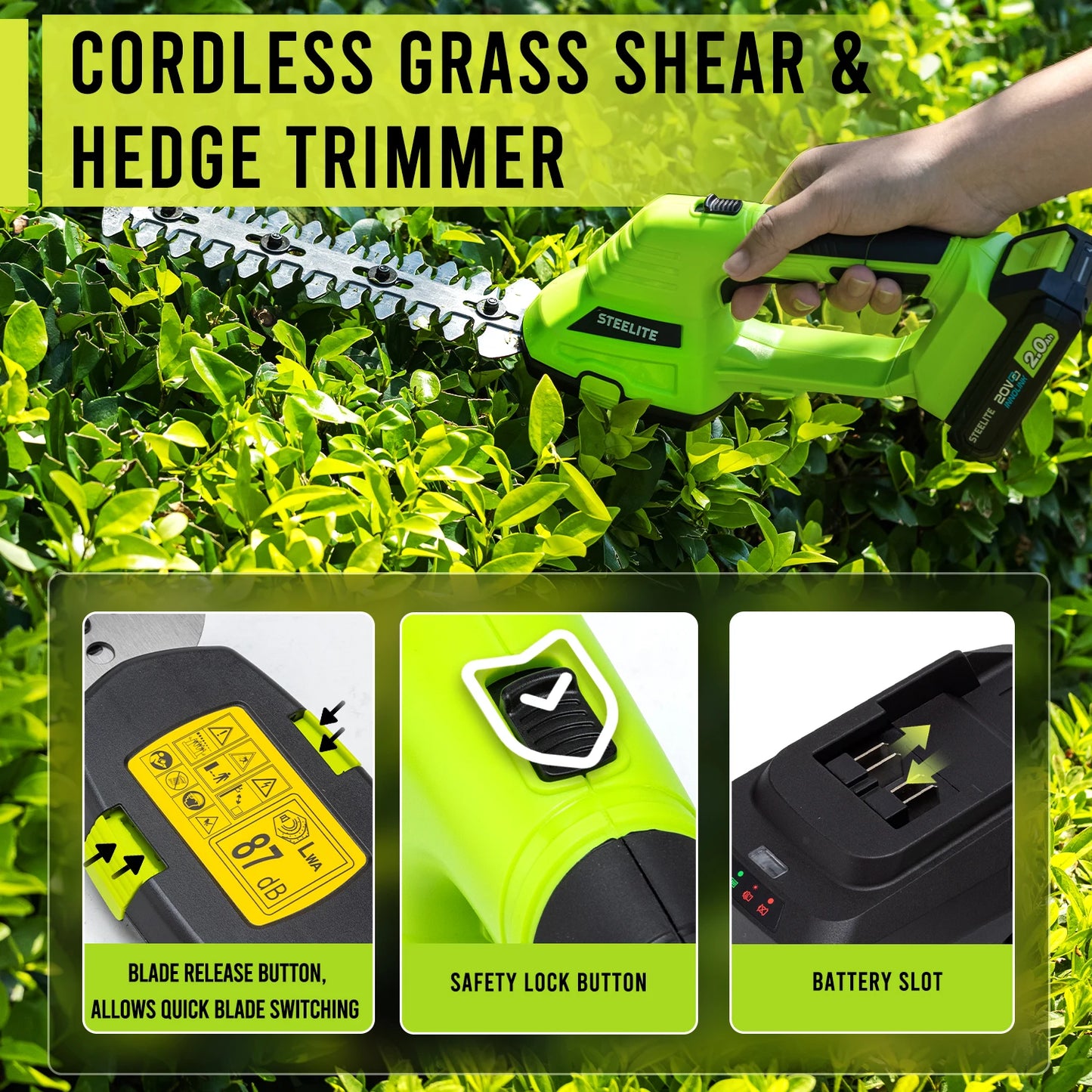 Deli Cordless Hedge Trimmer 21V Electric Handheld Grass Shear