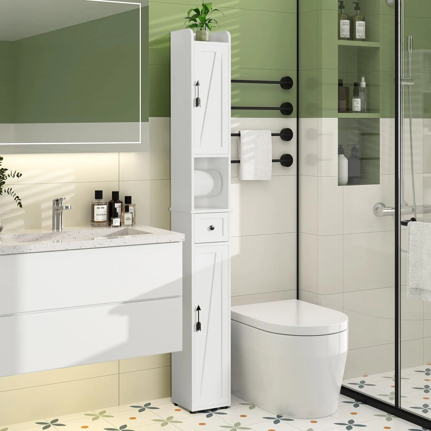 XIUWO Narrow Bathroom Storage Cabinet With Toilet Paper Holder