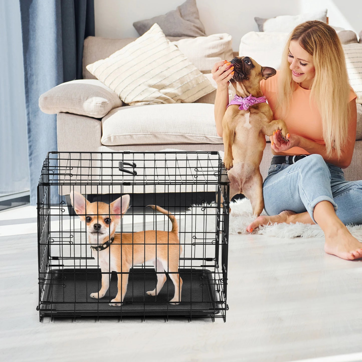 JHK Folding Metal Dog Cage With Leakproof Pan For Indoor Or Outdoor