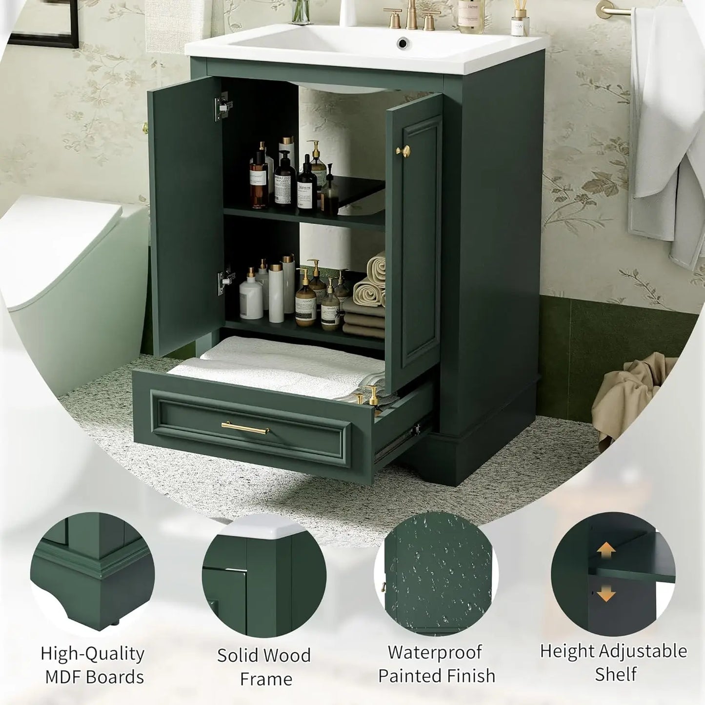 Wood Bathroom Vanity Cabinet With Ceramic Sink And Adjustable Shelf