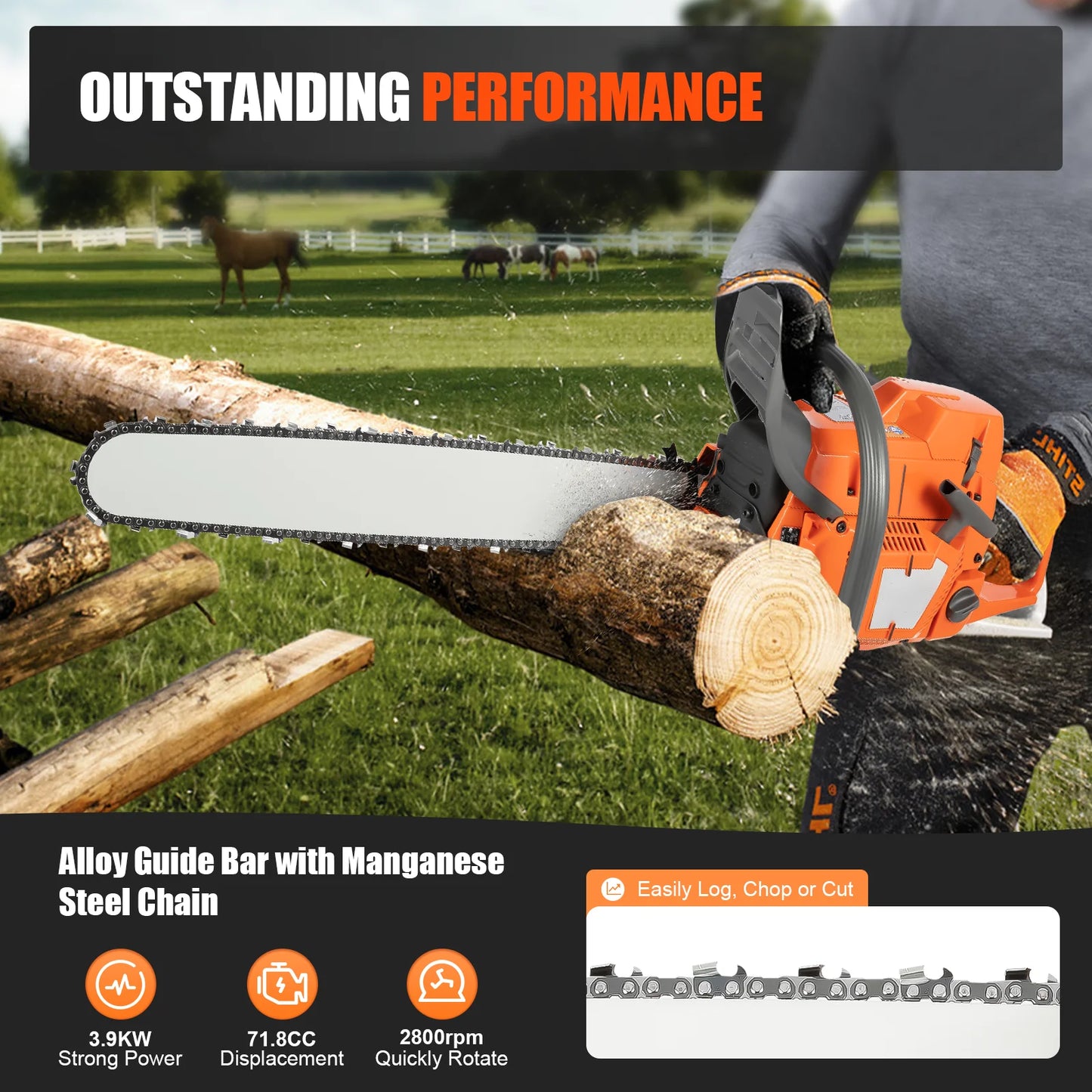 Gasoline Chainsaw 65cc 72cc Two Cycle Farm Wood Cutting