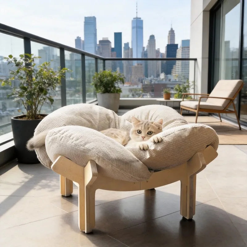 Wooden High Leg Cat Bed With Soft Cushion For Cats And Small Dogs