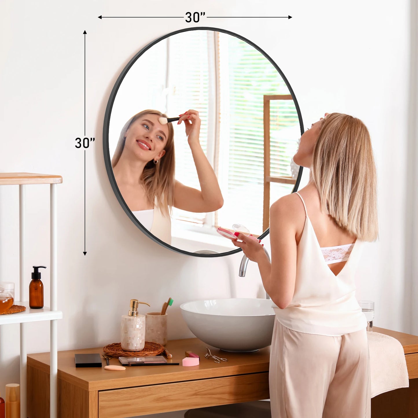 JHK Modern Round Vanity Mirror Framed Matte Metal Wall Mount