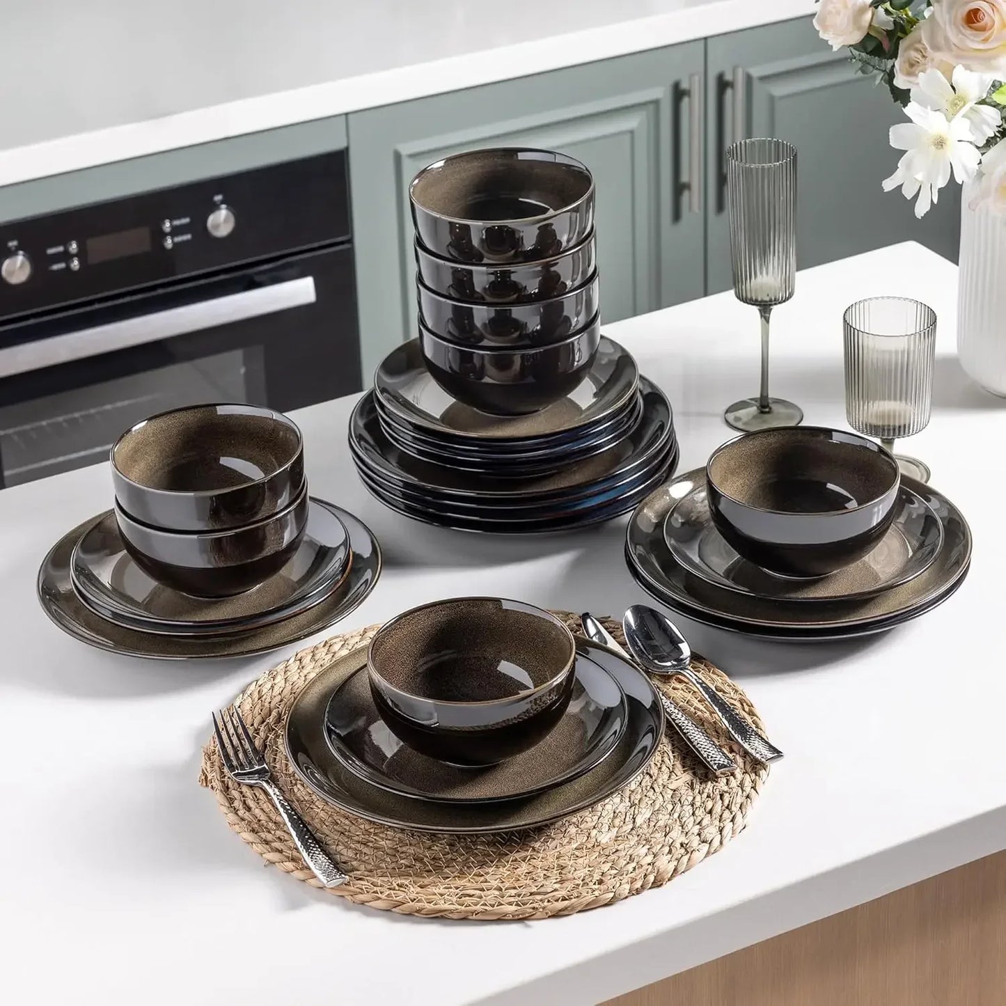 Ceramic Dinnerware Set For Eight With Stoneware Plates And Bowls