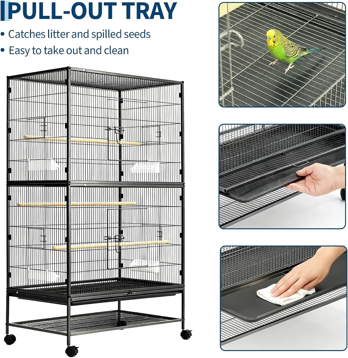 HiMISS Bird Cage With Rolling Storage Stands And Feed Bowls
