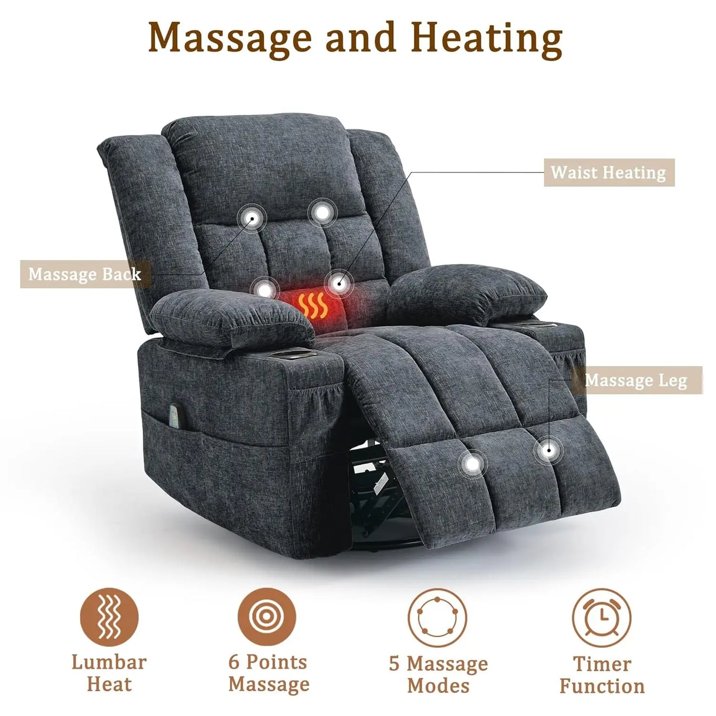 360 Degree Swivel Rocker Recliner For Adults With Massage