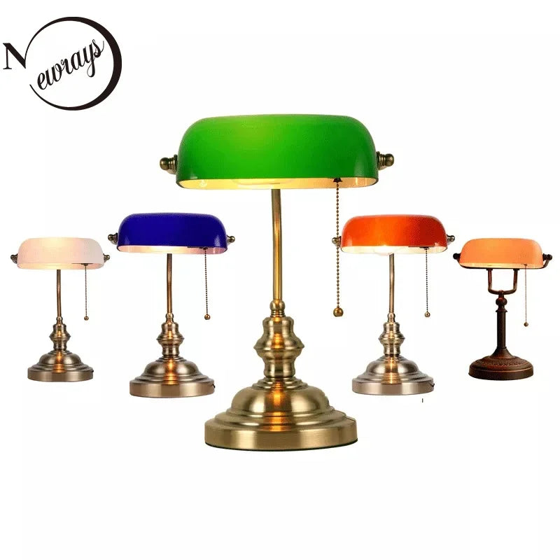 Newrays Desk Lamp Glass Banker Style Table Light Zipper Switch