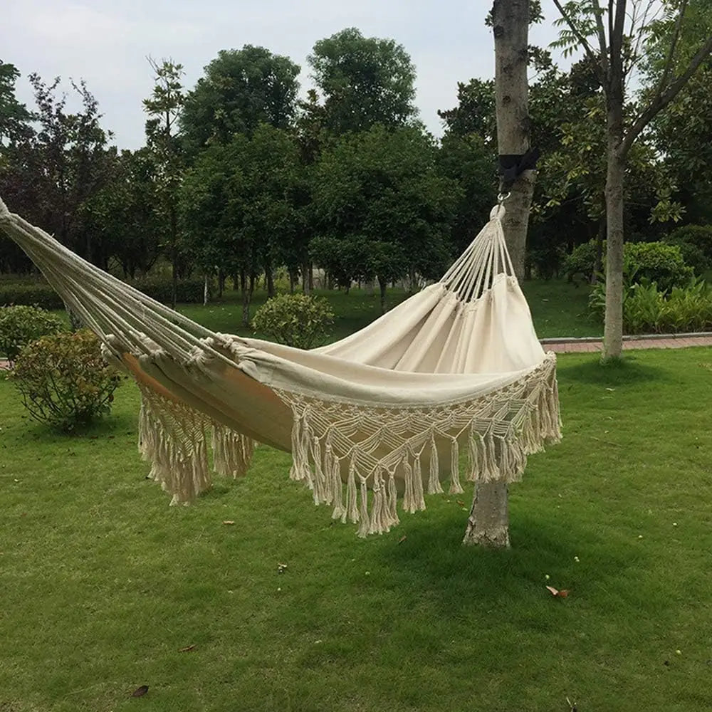 Handmade Cotton Hammock With Crochet Fringe Indoor Outdoor Boho