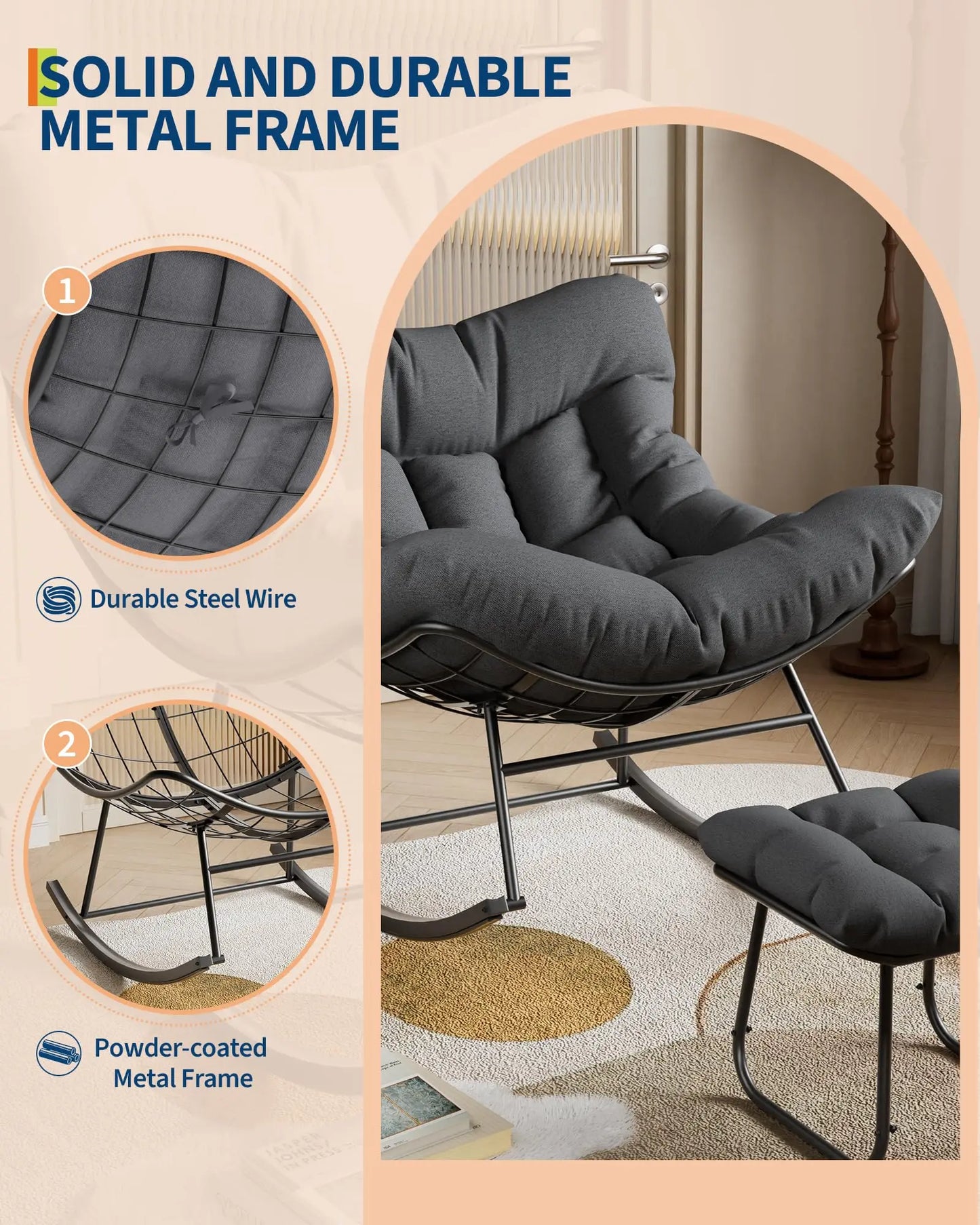 HiMISS Papasan Rocking Chair With Ottoman Outdoor Lounge
