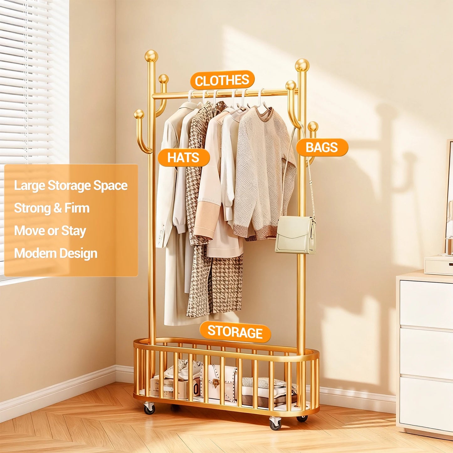 TWISTER.CK Movable Clothes Rack With Storage Basket For Coats