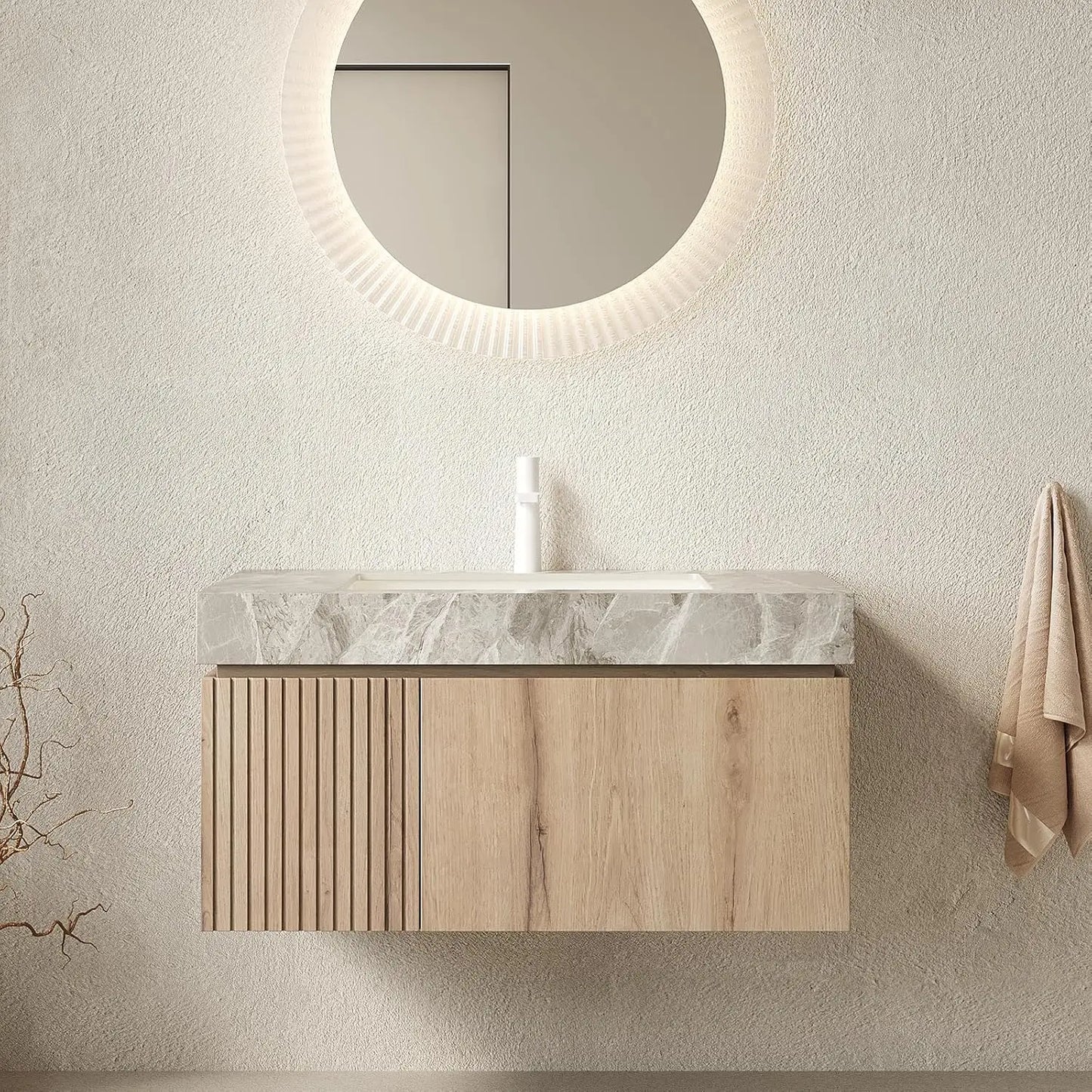 Wall Mounted Bathroom Vanity With Ceramic Basin And Travertine Countertop