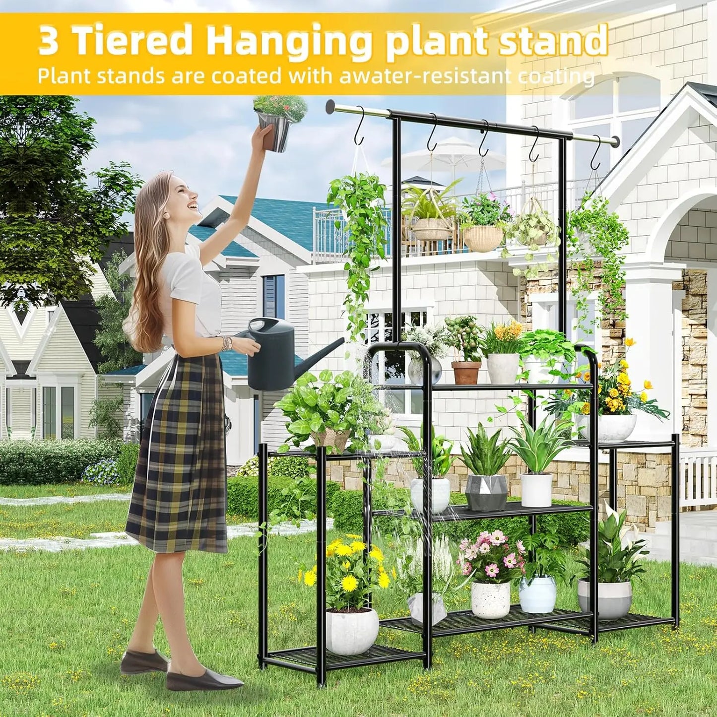 3-Tier Metal Plant Stand Indoor Outdoor Hanging Shelf For Pots