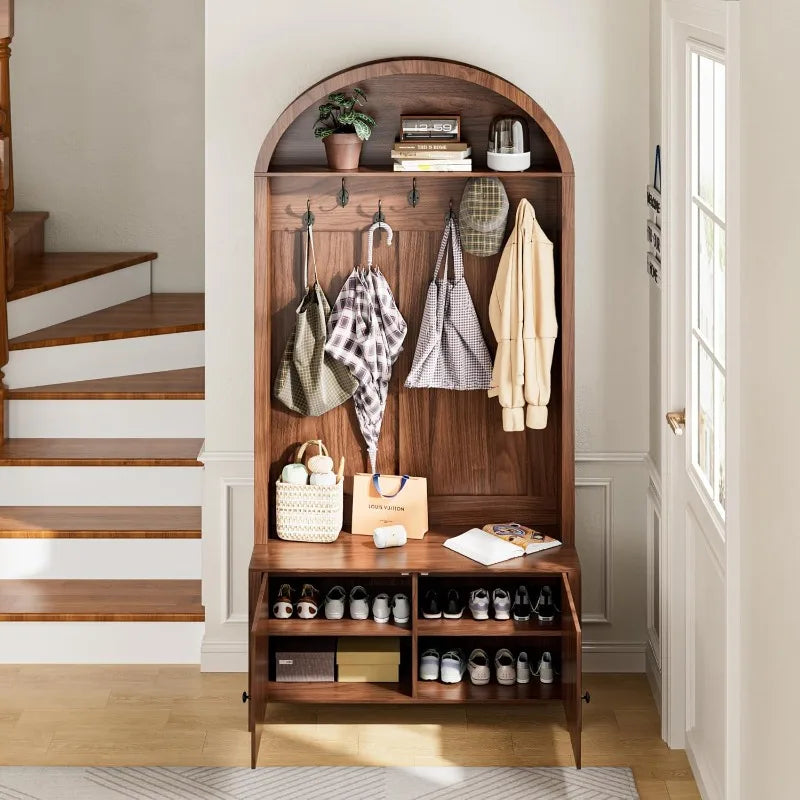 Hall Tree With Bench Coat Rack 7 Hooks Adjustable Shelves