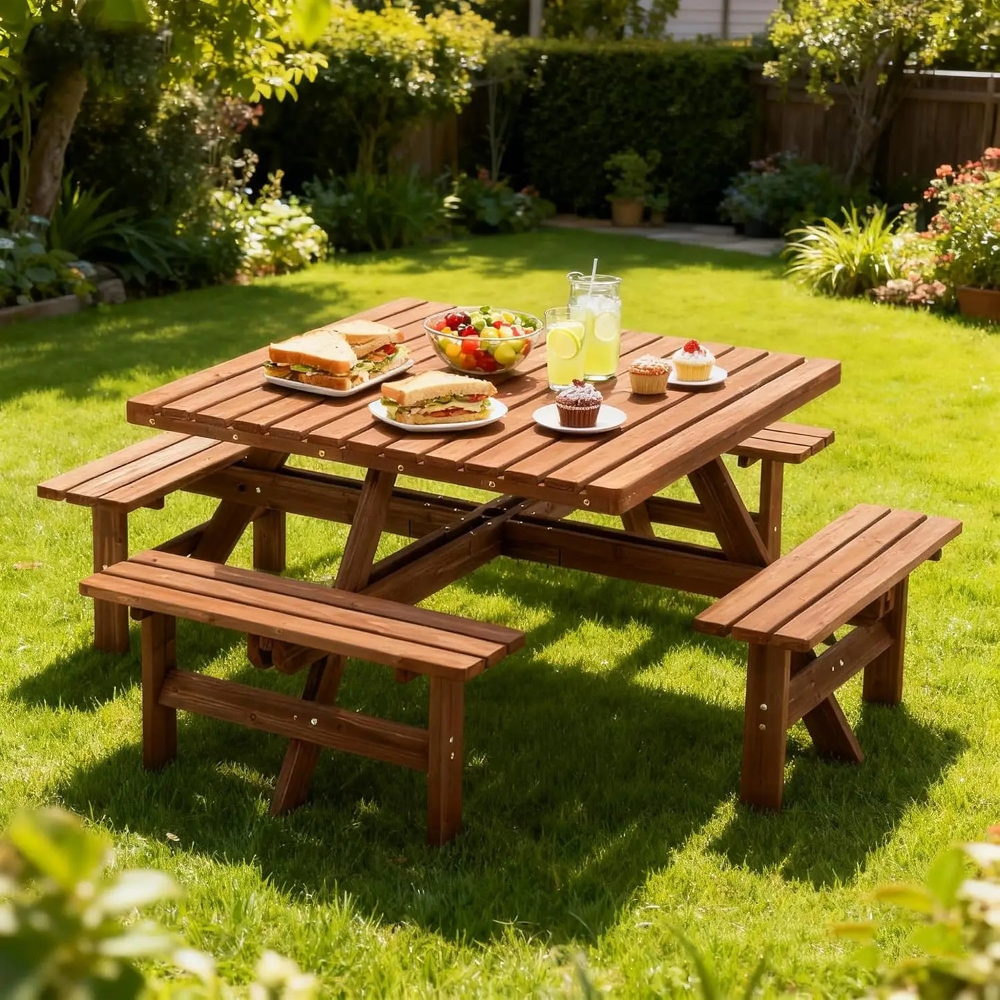 Wood Picnic Table Bench Set For Outdoor Patio Dining
