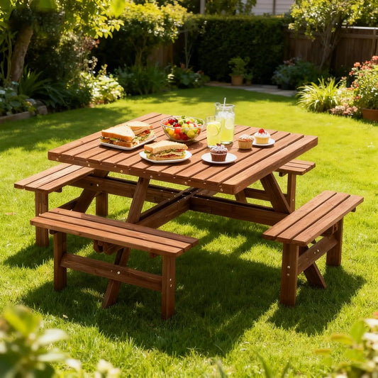 Wood Picnic Table Bench Set For Outdoor Patio Dining