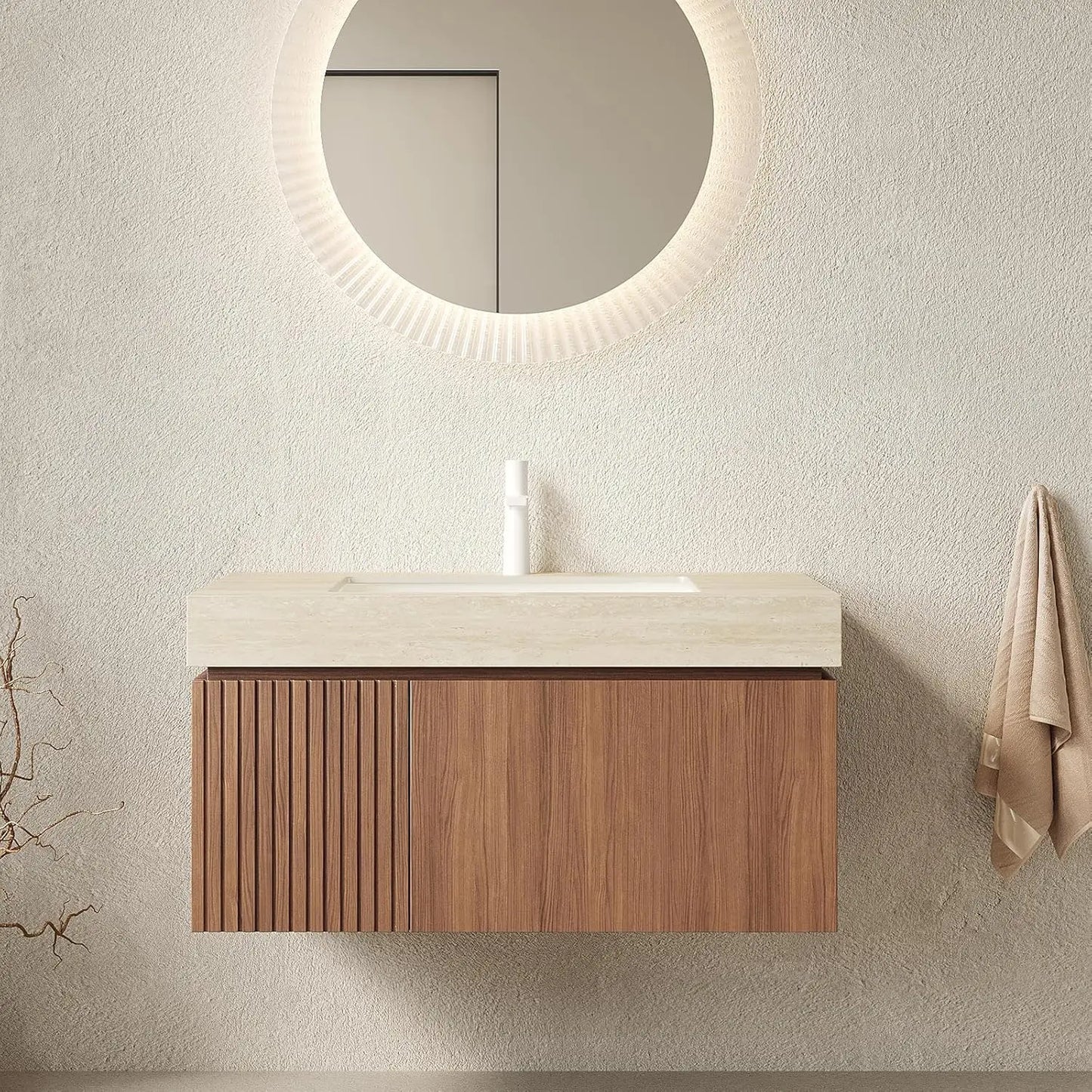 Wall Mounted Bathroom Vanity With Ceramic Basin And Travertine Countertop