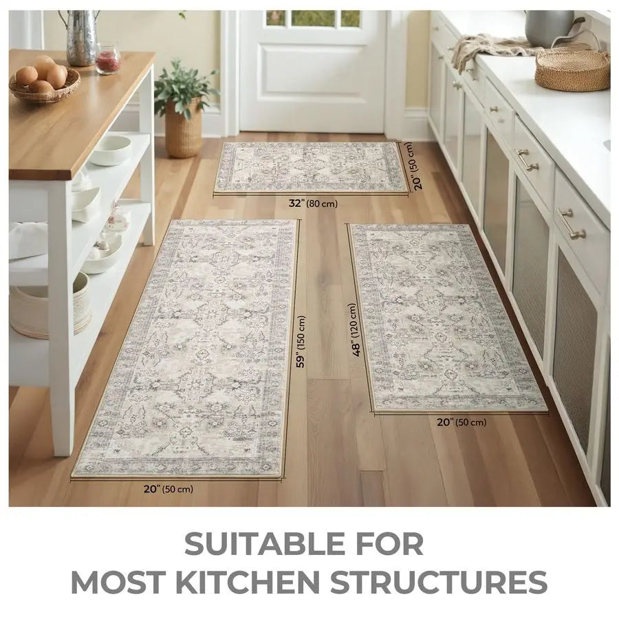 Boho Kitchen Rug Set of 3 Non Slip MachineWashable Mats