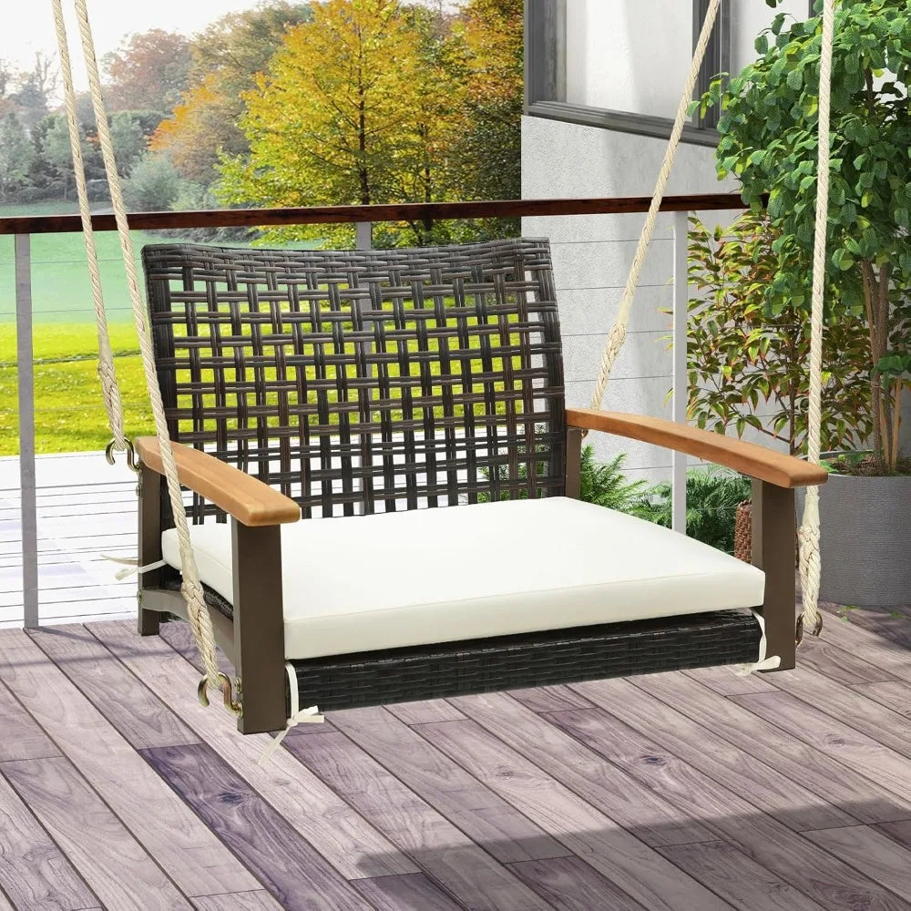 Rattan Porch Swing Chair With Cushion Acacia Wood Armrests Metal Frame Outdoor