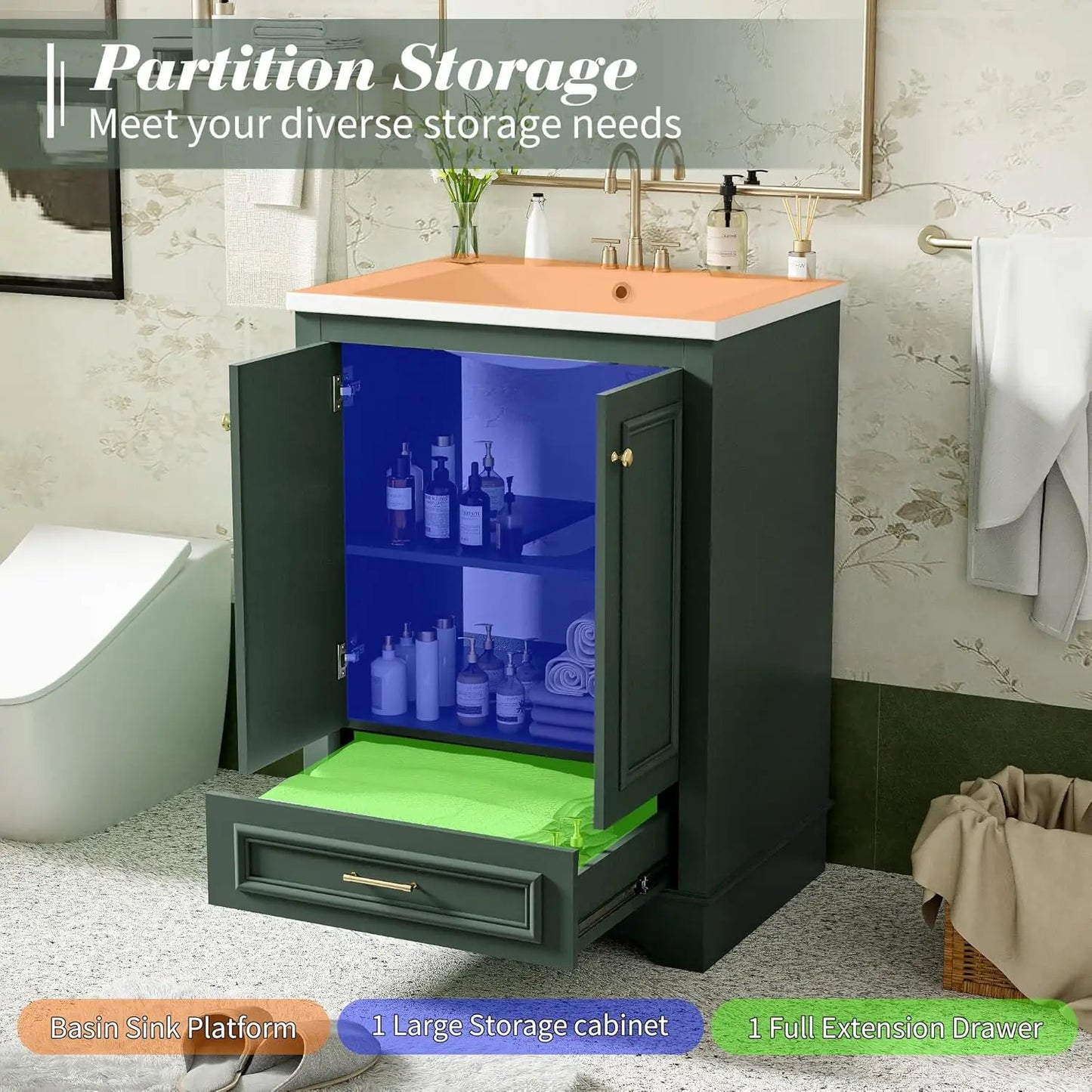 Wood Bathroom Vanity Cabinet With Ceramic Sink And Adjustable Shelf