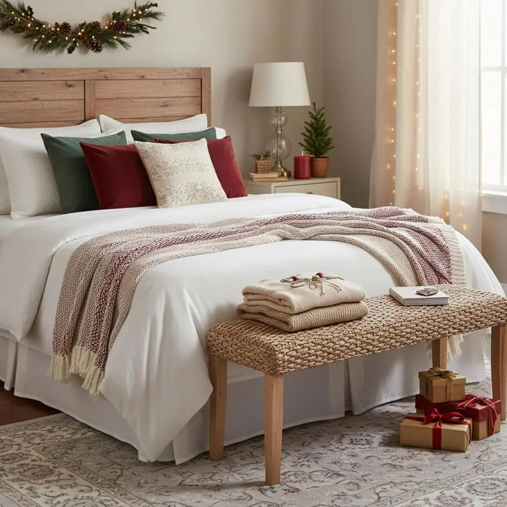 Indoor Wicker Bench With Solid Wood Frame Boho Style