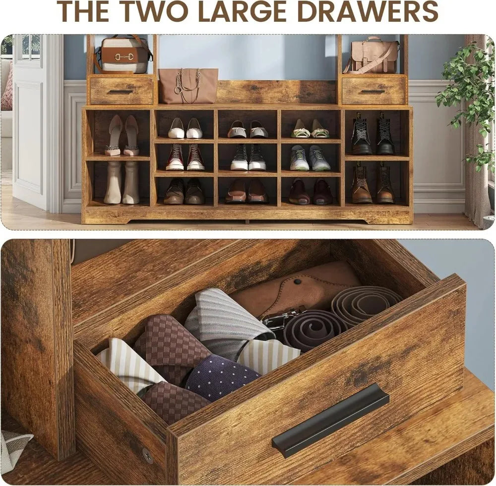 Hall Tree With Bench And Shoe Storage Organizer For Entryway