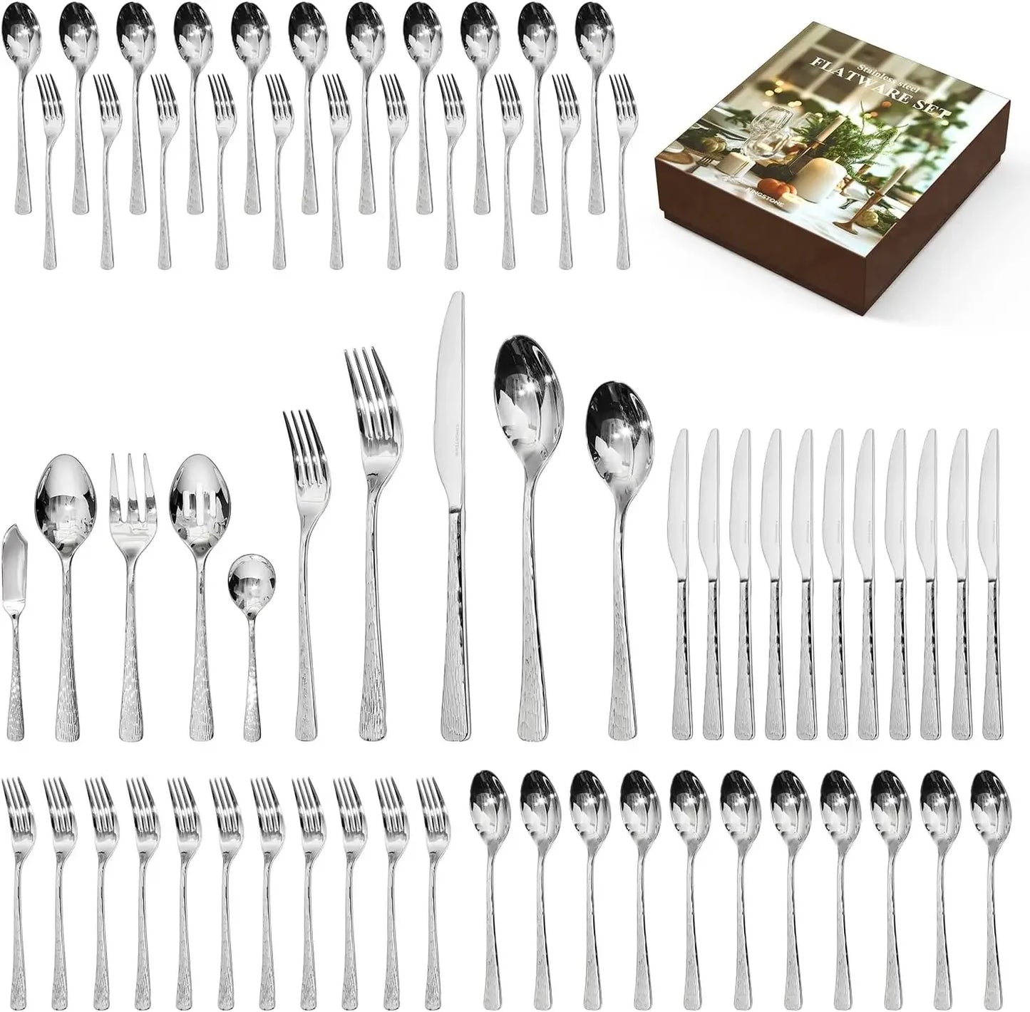Hammered Silverware Set 18/10 Stainless Steel With Ripple Handles