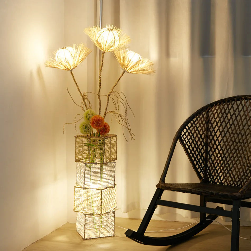 Modern Decorative Rattan Floor Lamp With LED Tree Lantern