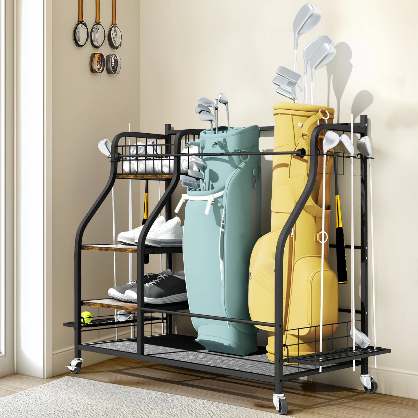 Metal Rolling Golf Bags Storage Rack With Wheels Organizer