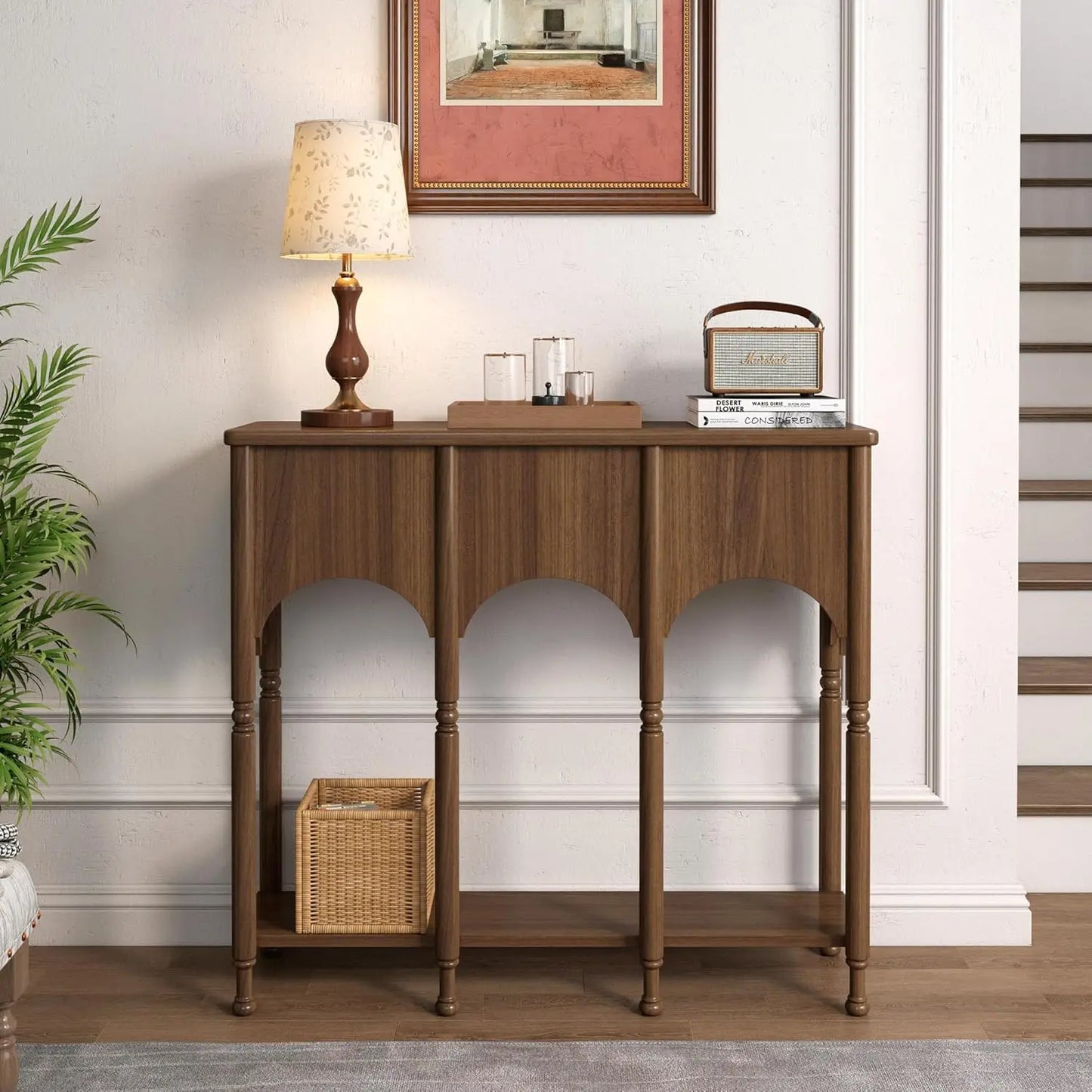 Wooden Console Table With Storage Shelf And Roman Legs