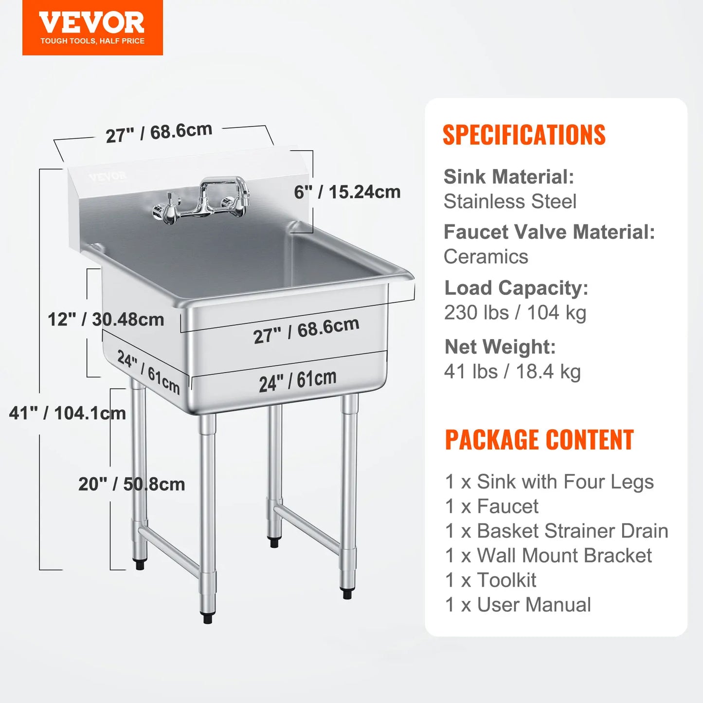 Stainless Steel Kitchen Prep And Utility Sink With Faucet For Restaurant