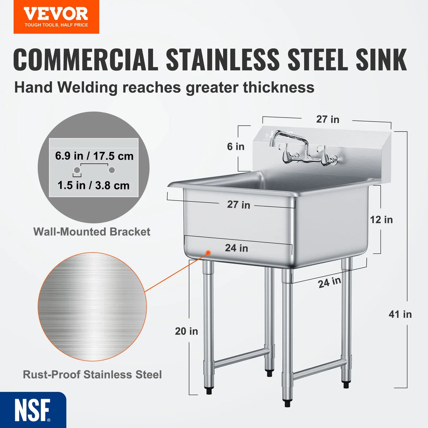 Stainless Steel Kitchen Prep And Utility Sink With Faucet For Restaurant