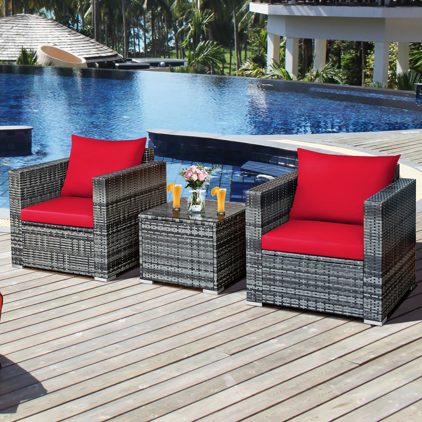 HOMASIS 3-Piece Patio Rattan Bistro Set Cushioned Sofa Table
