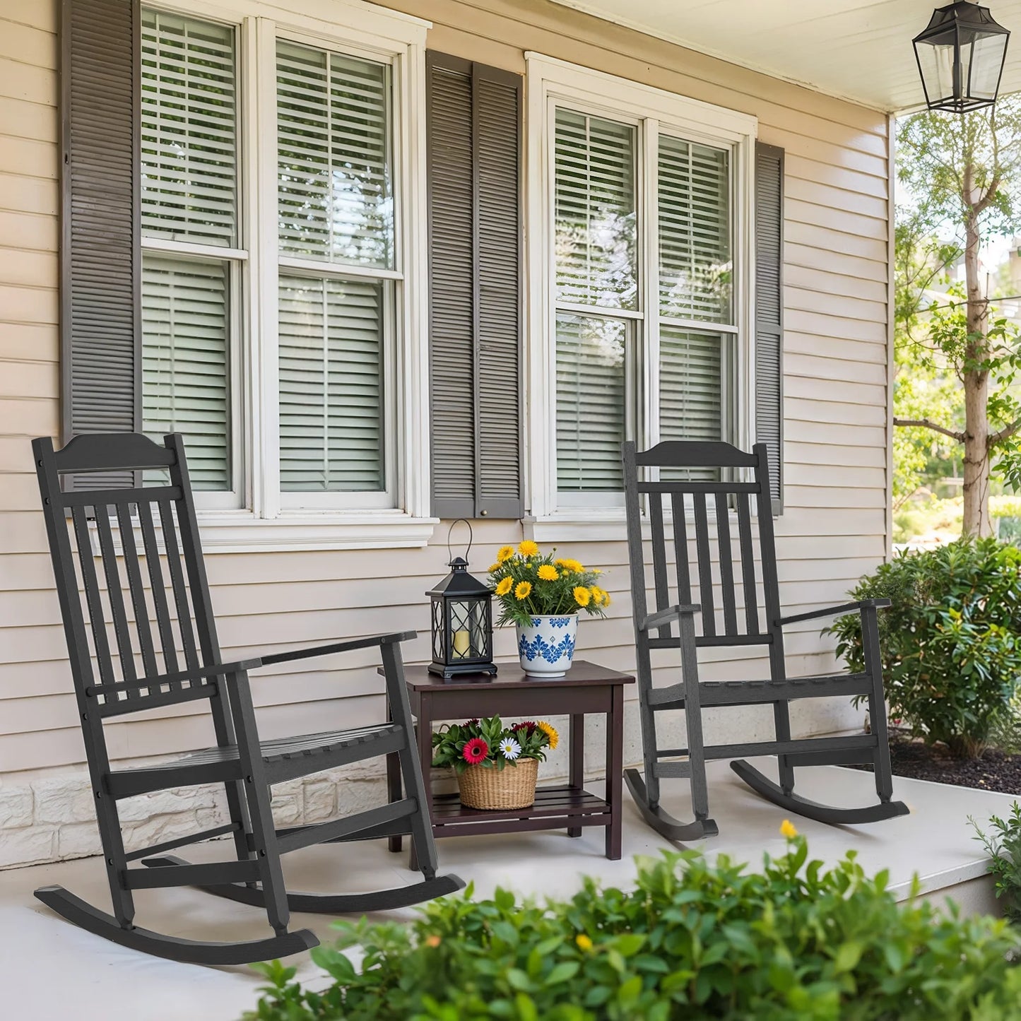 Weatherproof Resin Porch Rocking Chair Wood Grain Outdoor Rocker