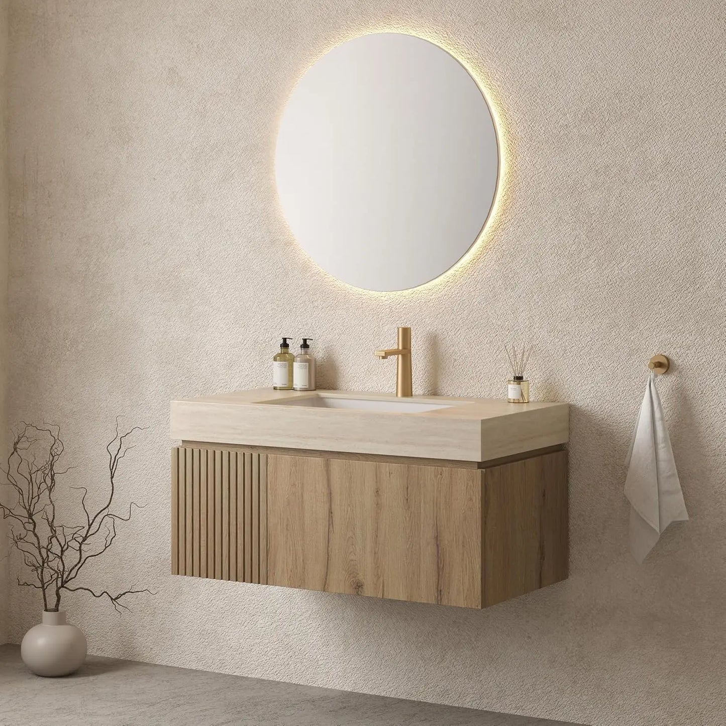 Wall Mounted Bathroom Vanity With Ceramic Basin And Travertine Countertop