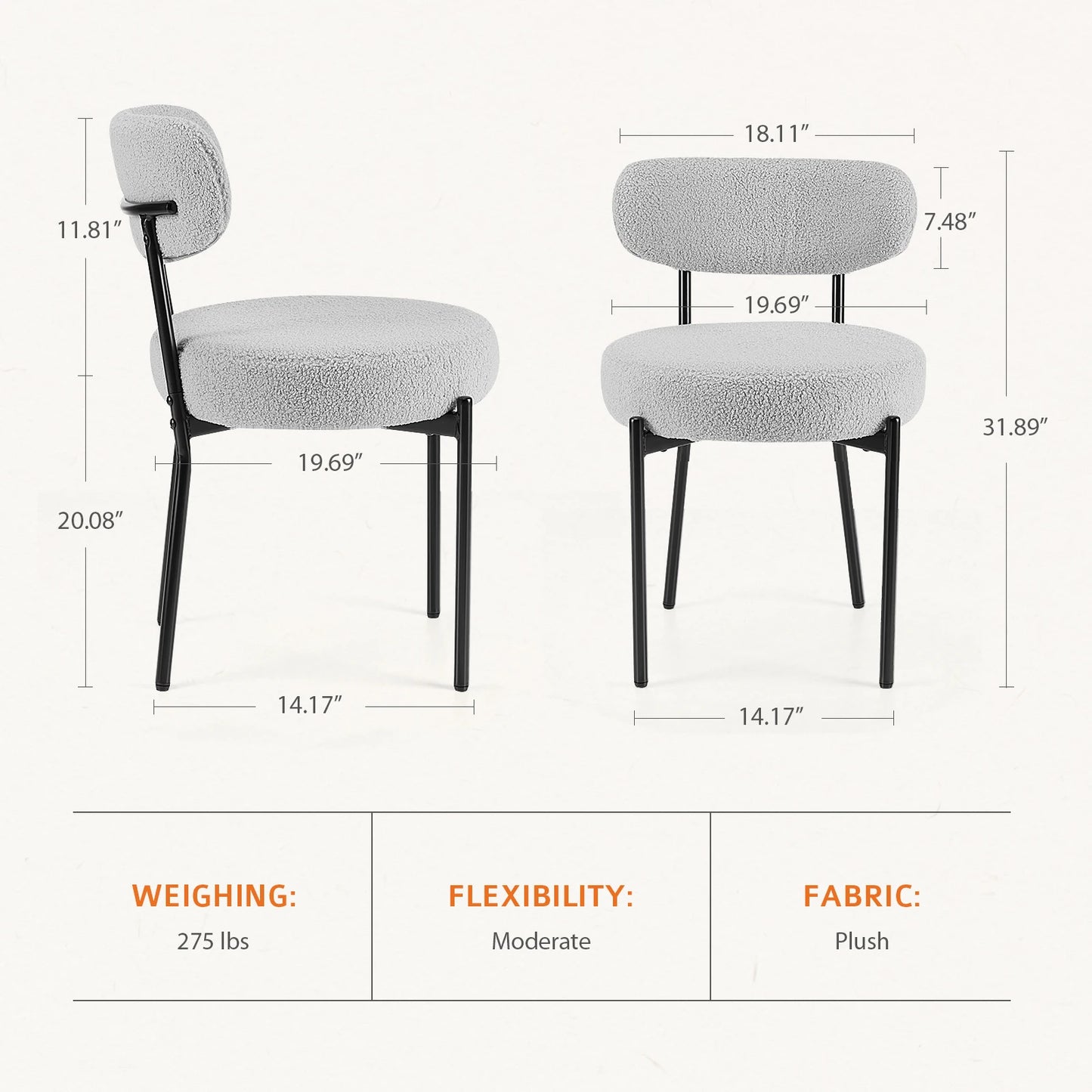 JHK Ergonomic Round Dining Chairs, Set Of 2, Plush Fabric