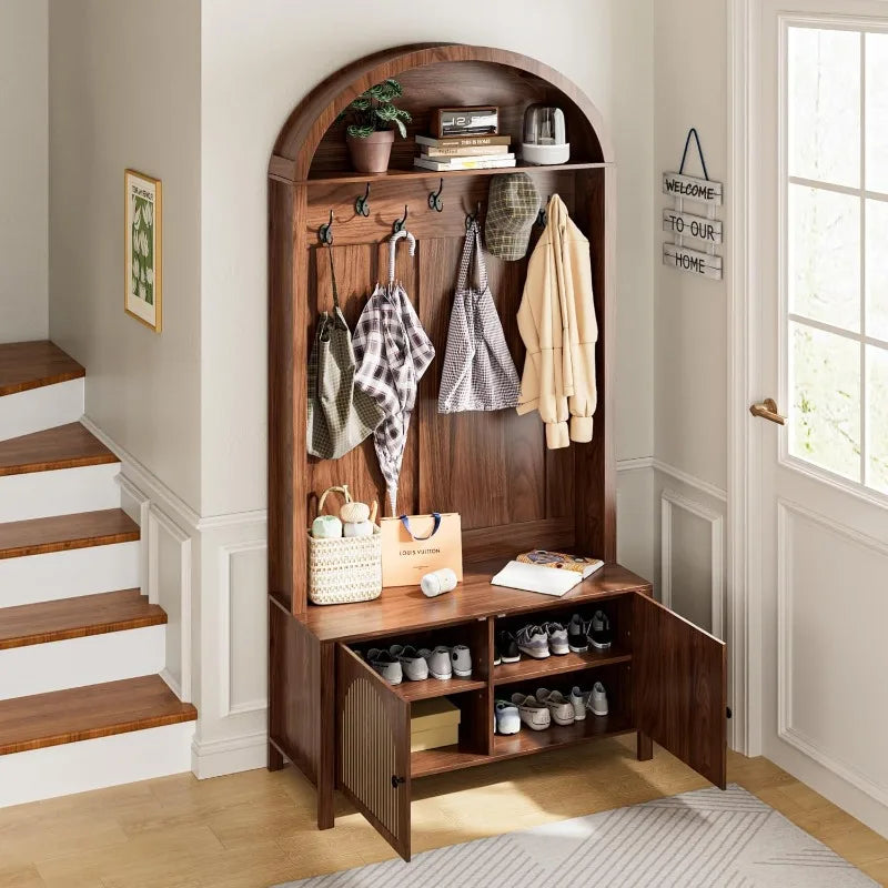 Hall Tree With Bench Coat Rack 7 Hooks Adjustable Shelves