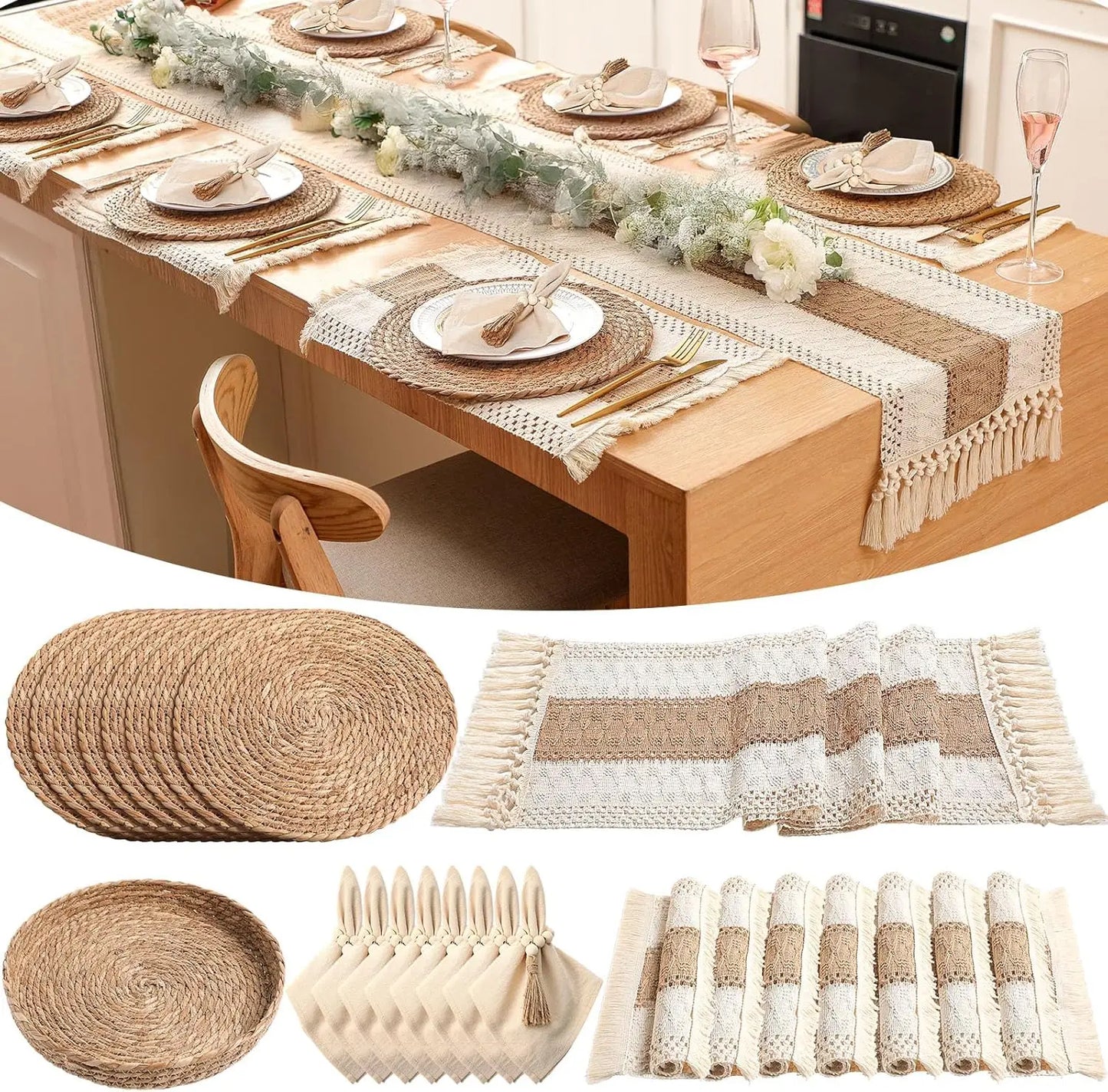 Boho Placemats Set With Napkins And Wood Bead Rings