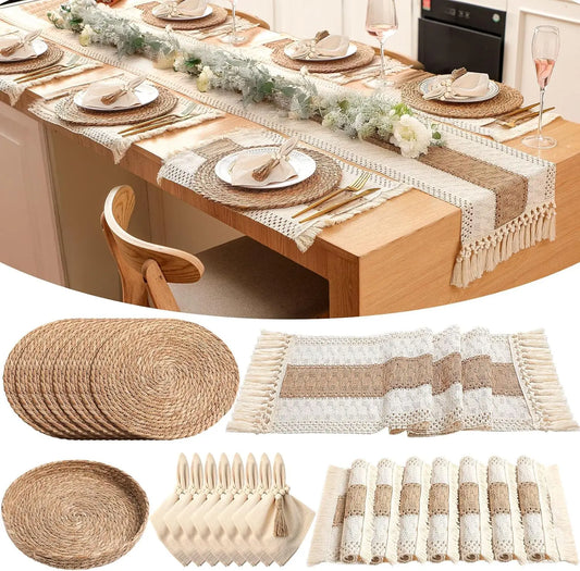 Boho Placemats Set With Napkins And Wood Bead Rings