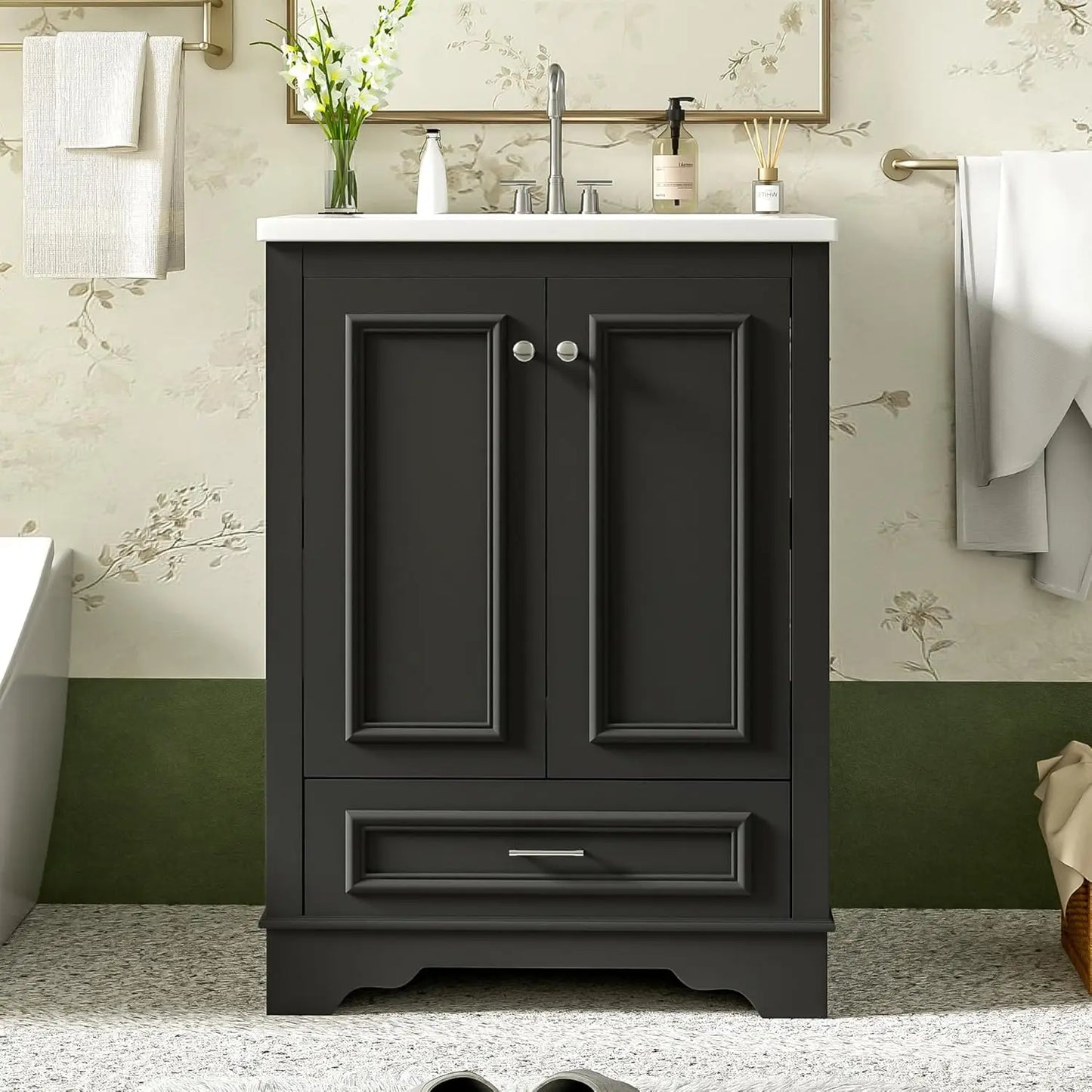 Wood Bathroom Vanity Cabinet With Ceramic Sink And Adjustable Shelf