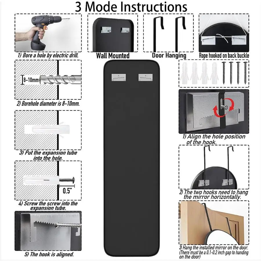 Mirror Rectangle Full Body Door Hanging Wall Mounted Aluminum Frame