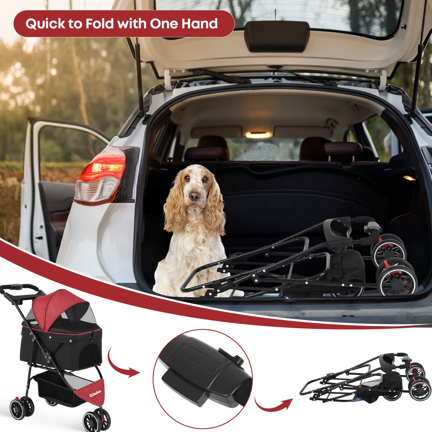 Chihuahua Foldable Pet Stroller for Cats and Dogs Three Wheels