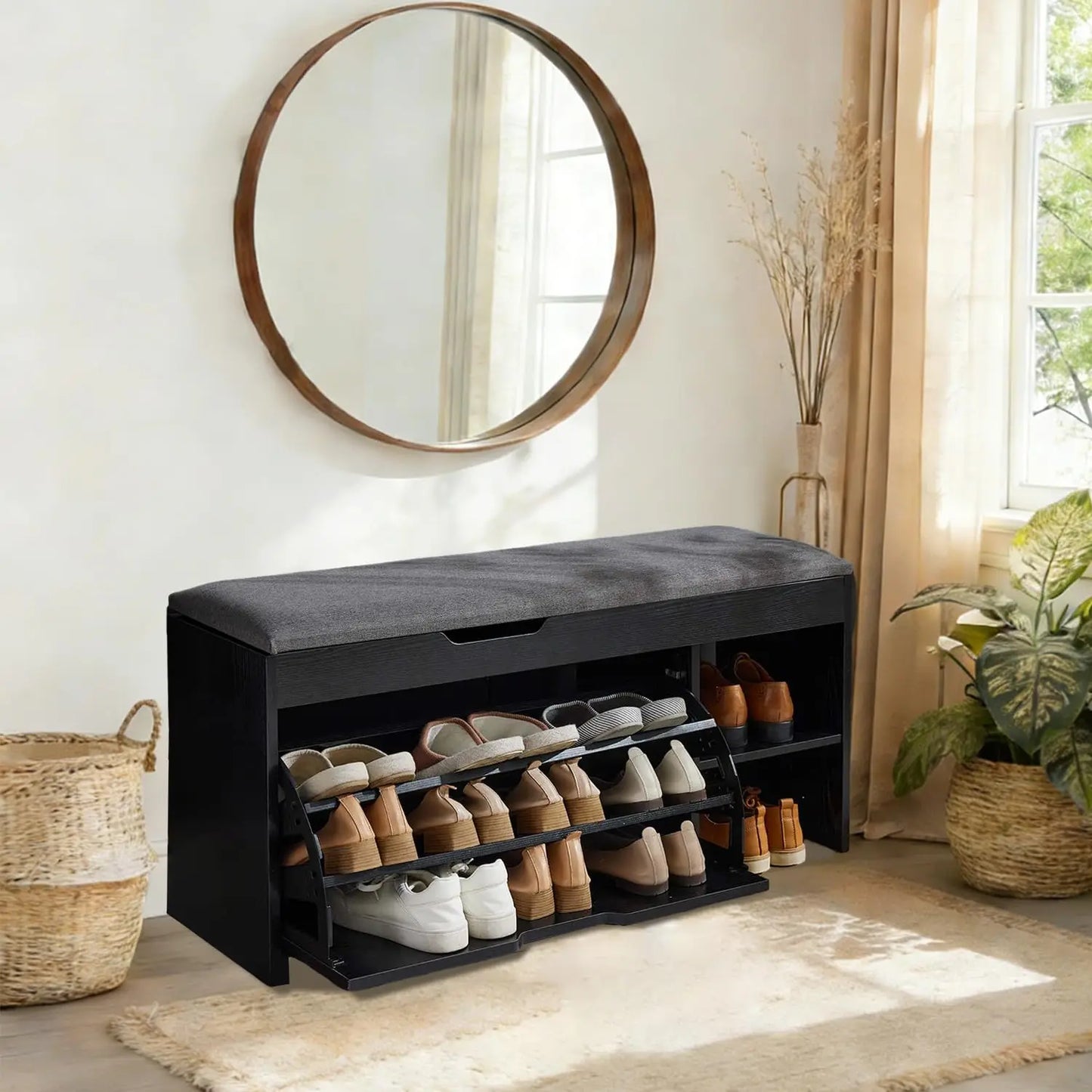Entryway Shoe Storage Bench With Flip Drawers And Lift Top